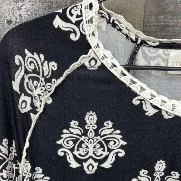 Chico's Women's Medallion Print 3/4 Sleeve Knit Lace Trim Top Sz 0/S/4 Black - Picture 6 of 9